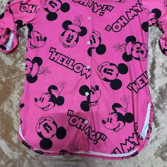 Disney Mickey Minnie Mouse Women’s shirt size Large Pink button down collard cuf - Picture 2 of 4